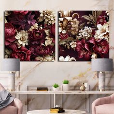 two floral paintings on a wall in a living room