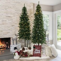 two christmas trees in front of a fireplace with presents