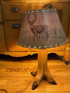 a lamp that is on top of a wooden floor next to a dresser and drawers