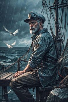 an old man sitting on top of a boat in the ocean with seagulls flying around