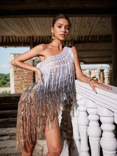 Olivia Mark - Imre's One Shoulder Sequined Patchwork Fringe Formal Wear Dress With Fringe, Fringe Mini Dress, Chain Dress, Art And Fashion, Mesh Maxi Dress, Image Model, Fringe Dress, Patchwork Dress, Maxi Gowns