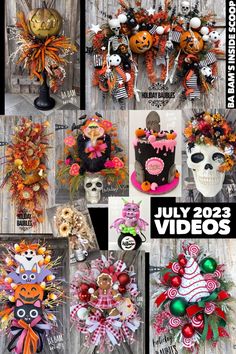 halloween wreaths and decorations on display in front of a wooden wall with the words july videos written below them