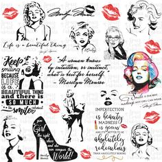 marilyn monroe's face and lips with the words marilyn monroe on it, as well as