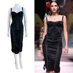 Gorgeous 2019 Dolce + Gabbana corset style dress (shown pinned to mannequin) Black silk + elastane fabric Bustier bra style bust with fitted + padded bust cups Wide adjustable shoulder straps Wiggle style fit with gold grommets + lacing details throughout Knee length tapered skirt Hidden zipper up the back Unlined Marked 42, fits a little larger possibly up to 44, Measurements: Bust 17.5-19 ", Waist 14-15", Hips 18-20", Length 44" Clean + ready to wear Shipping: All shipping prices are through P Fitted Cocktail Corset With Spaghetti Straps, Fitted Spaghetti Strap Corset For Cocktail, Spaghetti Strap Fitted Corset For Cocktail, Luxury Underbust Bodice For Party, Fitted Spaghetti Straps Cocktail Corset, Fitted Sleeveless Luxury Corset Dress, Luxury Corset Dress With Boned Bodice, Luxury Fitted Sleeveless Corset Dress, Luxury Fitted Corset Dress With Corset Back