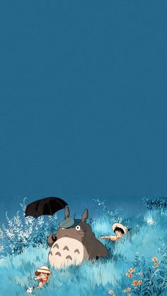 an image of a cartoon scene with totoro and other animals in the water