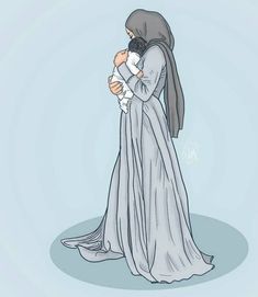 a woman holding a baby in her arms and wearing a long dress with a veil on it