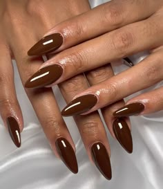 Shiny And Matte French Tip Nails, Shades Of Brown Almond Nails, Dark Brown Nails Almond Shape, His Tip Color Nails, Brown September Nails, Pumpkin Designs Nails, Plain Brown Nails Almond, Brown Skin Acrylic Nails, Gel Nails Chocolate Brown