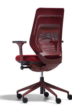 an office chair with red upholstered seat and arm rest, viewed from the front