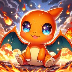 a little orange pokemon sitting on top of a pile of fire and lava with glowing blue eyes