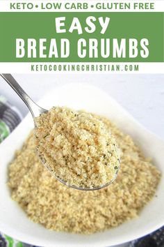 a white bowl filled with bread crumbs on top of a blue and green table cloth