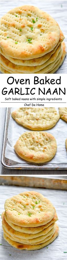 an image of oven baked garlic naan on a baking sheet with text overlay