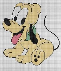 a cross stitch pattern with a dog sitting on it's stomach and tongue hanging out