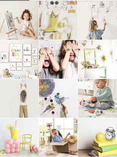 a collage of photos with children and toys