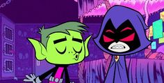 two cartoon characters standing next to each other in front of a purple and green background