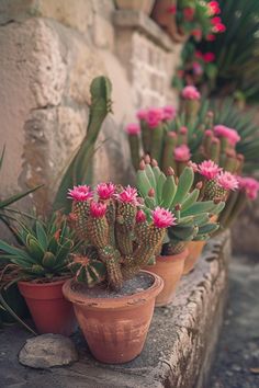 several potted plants are lined up on a stone ledge in front of a wall