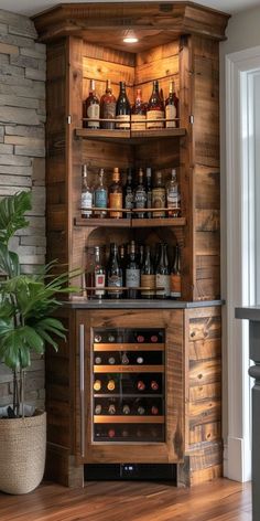 a wooden cabinet filled with lots of bottles