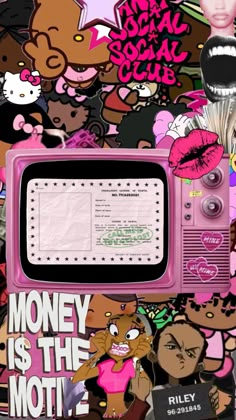 an old pink radio with stickers all over it and the words money is the moti