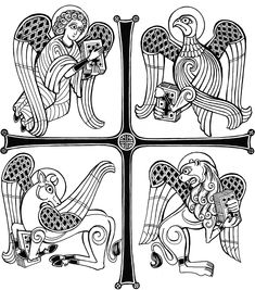 four panels with angels and an angel holding a bird in their hands, one is black and white