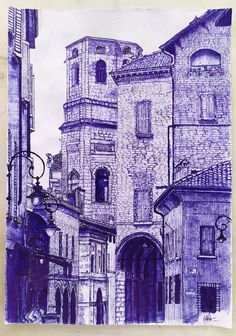 an ink drawing of a building in the city