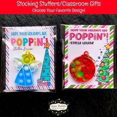 two christmas cards with the words, stocking stuff / classroom gifts choose your favorite design