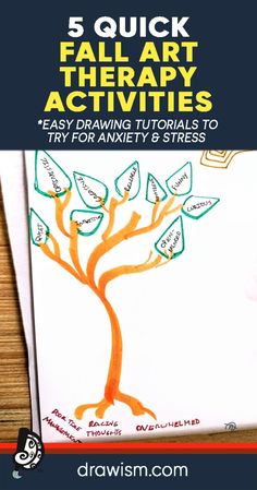 Try these 5+ quick & easy fall art therapy activities for anxiety & stress! Save pin for later.  Easy Drawing Tutorials | Drawing Ideas | Expressive Art Therapy Activities | Art Journal Art Group Ideas Therapy Activities, 100 Art Therapy Exercises, Art Therapy Tree, Cbt Activities For Teens Art Therapy, Fall Therapy Activities For Teens, Fall Group Therapy Activities, Halloween Art Therapy Activities, Psychology Club Activities, Strengths Based Therapy Activities