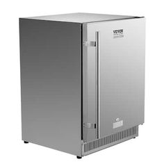 a stainless steel refrigerator on wheels with the door open and no ice maker in front