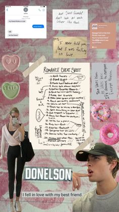 a collage of photos with donuts and writing on them, including a woman holding a cell phone to her ear