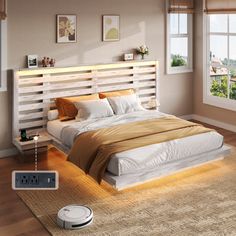 a bedroom with a bed, nightstand and air purificater on the floor