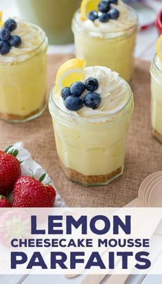 lemon cheesecake mousse parfaits in small glass jars