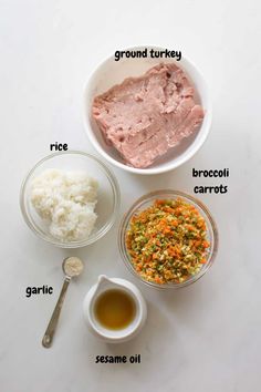 the ingredients for this meal include rice, broccoli, carrots and ground turkey