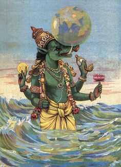 an image of the god ganesha in the ocean with his hands up to his face