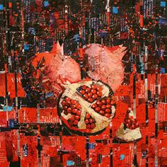 an abstract painting with red and black colors, including two pomegranates