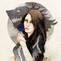 a drawing of a woman holding a blue rose in her right hand and looking at the camera