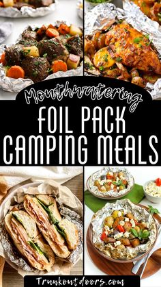 four different pictures of camping meals with text overlay that reads, mountain view full pack camping meals