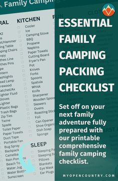 a family camping checklist with the text essential guide