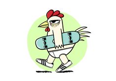 a drawing of a chicken carrying a skateboard