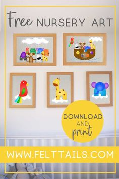 a baby crib with pictures on the wall and text overlay that reads free nursery art