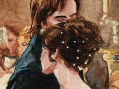 a watercolor painting of a man and woman embracing each other in front of an audience