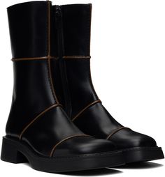 Handcrafted mid-calf polished leather boots in black. · Paneled construction · Pinched seams in brown throughout · Square toe · Concealed elasticized gusset at collar · Zip closure at inner side · Buffed leather lining · Foam rubber midsole · Heel: H1.5 Supplier color: Black Black Dahlia, Square Toe Boots, Black Panels, Mid Calf Boots, Dahlia, Mid Calf, Black Boots, Leather Boots, Womens Boots