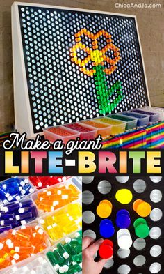 an art project made with legos, paint and plastic beads is shown in front of a