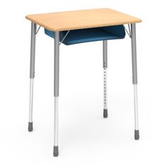 a gray and blue desk with two legs on the bottom, and an open top