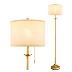 two lamps are next to each other on a white background, one is gold and the other has a beige shade