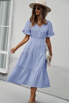 Gingham Tiered Midi Dress-TOPS / DRESSES-[Adult]-[Female]-Blue-S-Blue Zone Planet Summer Plaid, Midi Sundress, Womens Clothes, Tiered Midi Dress, Plaid Fashion, Vintage Plaid, Blue Gingham, Plaid Dress