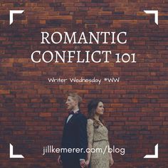 a man and woman standing in front of a brick wall with the words romantic conflict 101 written on it