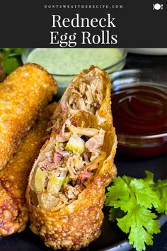 Redneck egg rolls are a delicious twist on a classic dish. These crispy, fried rolls are stuffed with BBQ pulled pork, slaw and your favorite BBQ sauce. Pull Pork Egg Rolls, Shredded Pork Egg Rolls, Pulled Pork Cabbage, Pulled Pork Egg Rolls Air Fryer, Bbq Chicken Egg Rolls, Short Rib Egg Rolls, Southern Egg Rolls, Bbq Pork Egg Rolls, Pulled Pork Roll Ups