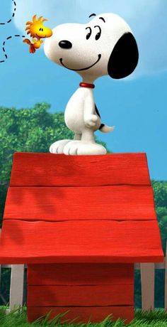 a cartoon dog with a sunflower in his mouth on top of a red bench