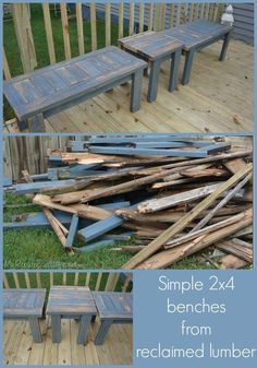 some wooden chairs and tables that have been turned into benches for the back yard or patio