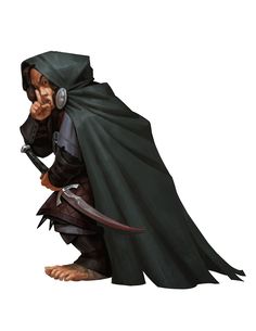 a cartoon character dressed in black holding a knife and wearing a hooded cloak with one hand on his face