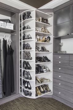 an organized closet with high heels and shoes