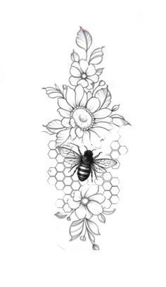 a black and white drawing of a bee on a flower